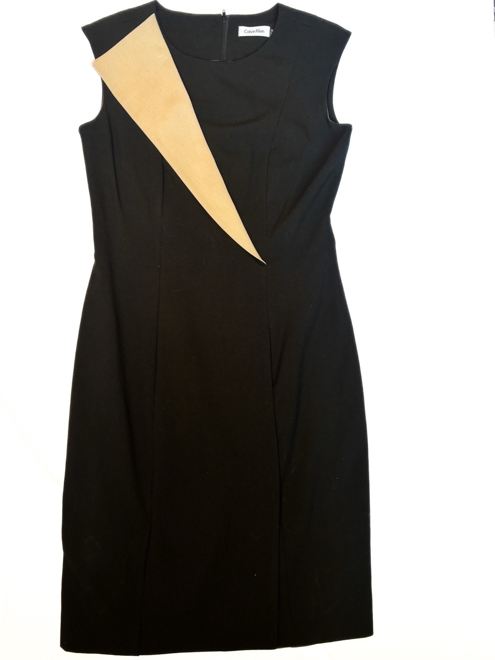 Calvin Klein Black Sheath Dress with Beige Lapel Accent